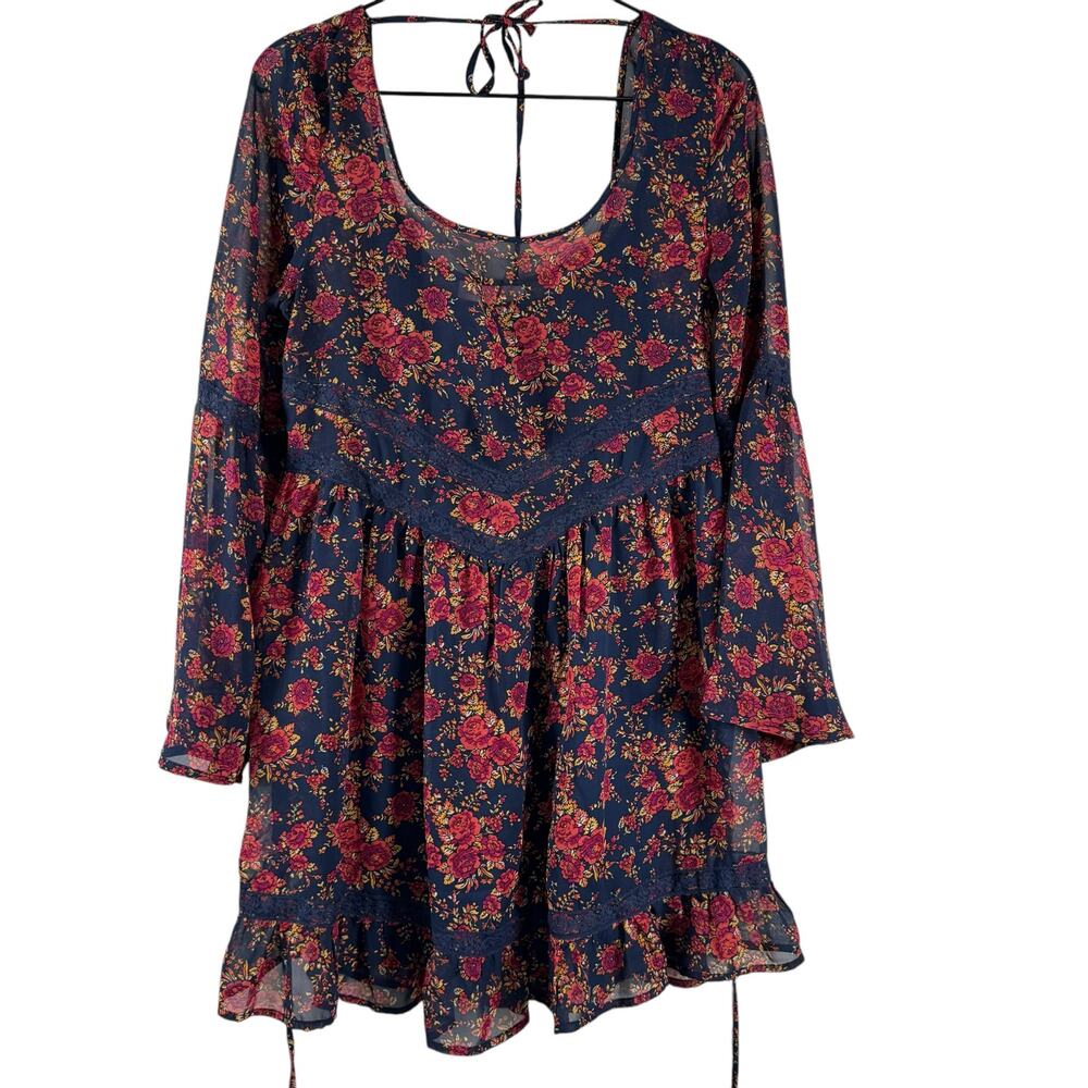 Band Of Gypsies Women's Navy Blue Floral Long Sleeve Sheer Lace Tunic Dress Sz S